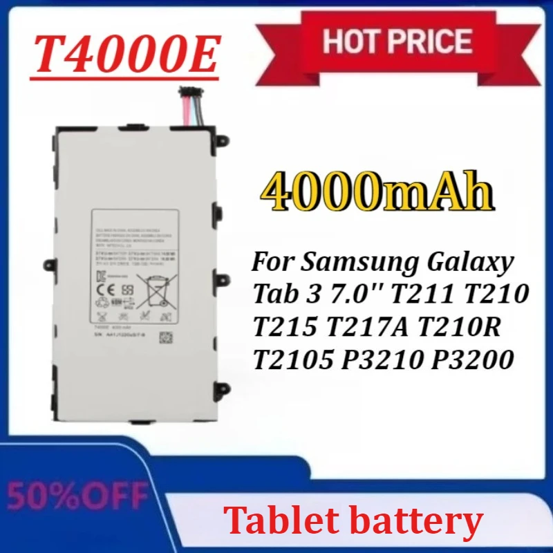 

Upgraded Tablet T4000E Battery 3.7V 4000mAh for Samsung Galaxy Tab 3 7.0'' T211 T210 T215 T217A T210R T2105 P3210 P3200