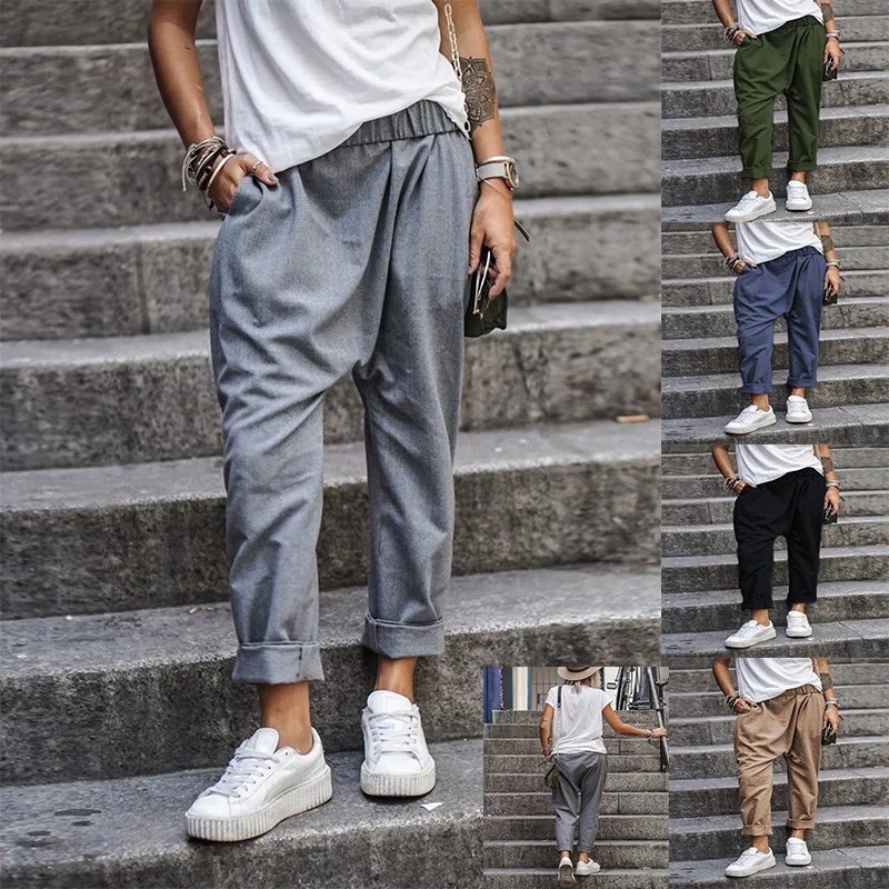 

Summer Solid Color Casual Elastic High Waisted Harlan Pants for Men