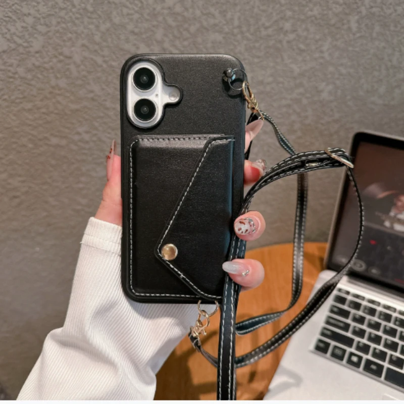 

New Phone Case Suitable for iPhone 16plus Insert card 15promax Inclined Back Hanging Rope 14 13 Anti Drop 12 Protective Cover 11