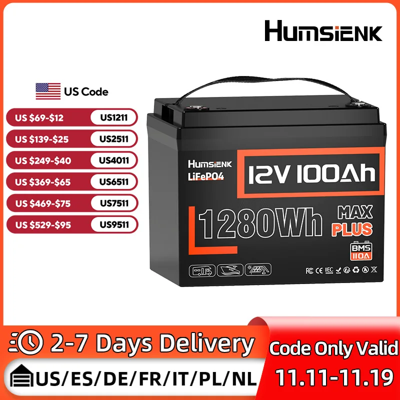 بطارية Humsienk LiFePO4 12 فولت 100 أمبير في الساعة مع 110A BMS 8000 دورات لـ RV/Vans/التخييم/الصيد/ خارج الشبكة/قارب/النظام الشمسي