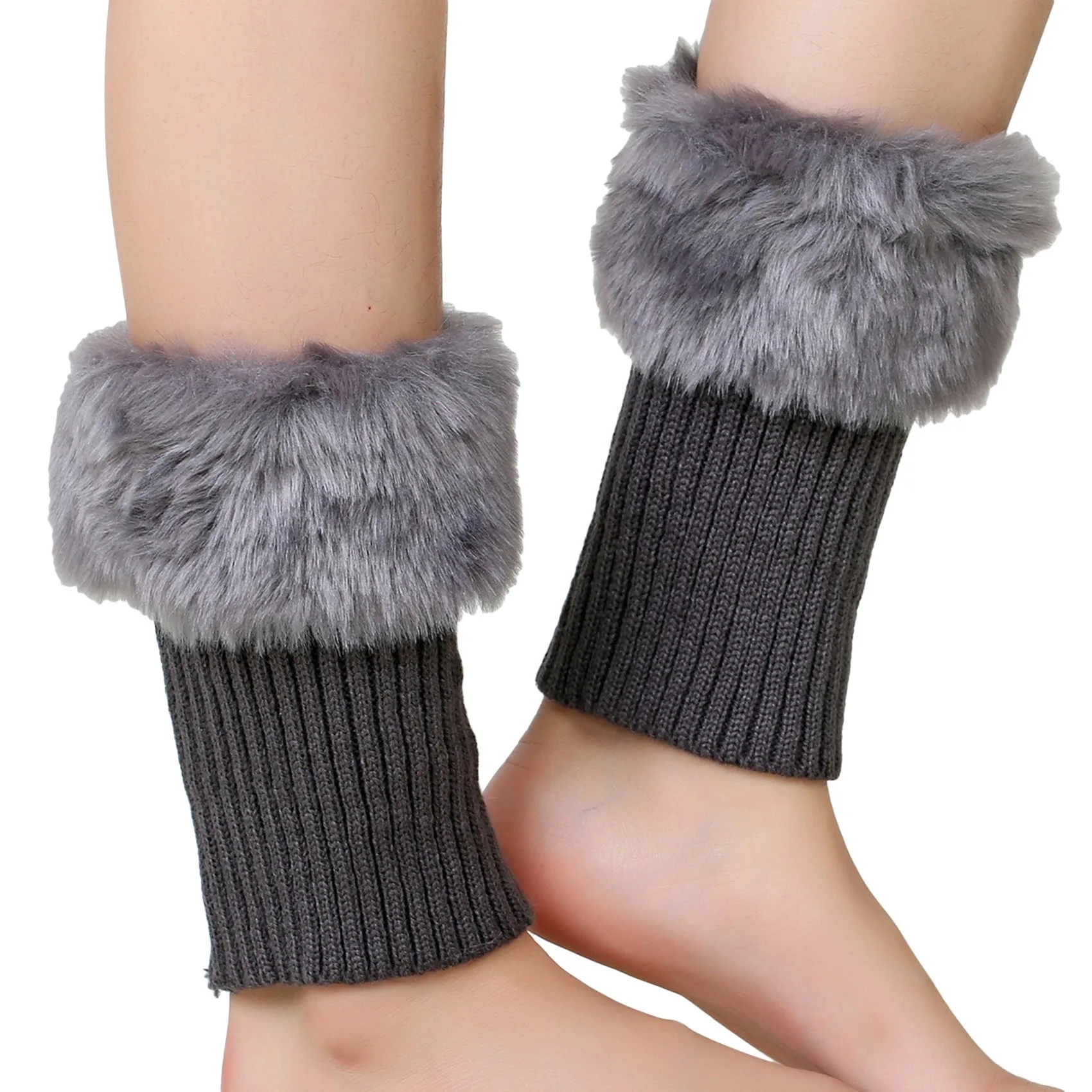 Women Leg Warmers Winter Autumn Lady Crochet Knitted Turn-over Fur Trim Leg Boat Socks Thick Boot Cuffs Toppers Foot Cover Warm