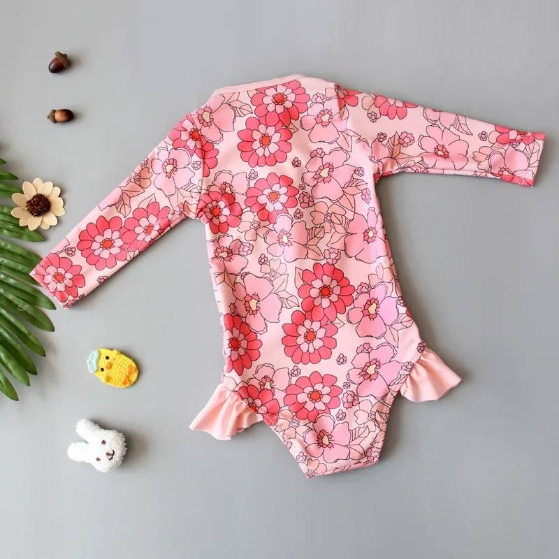Summer Girls One-piece Swimsuit Baby Girl Cute Floral Print Long Sleeve Zipper Quick-Dry Beachwear Swimwear Toddler Bathing Suit