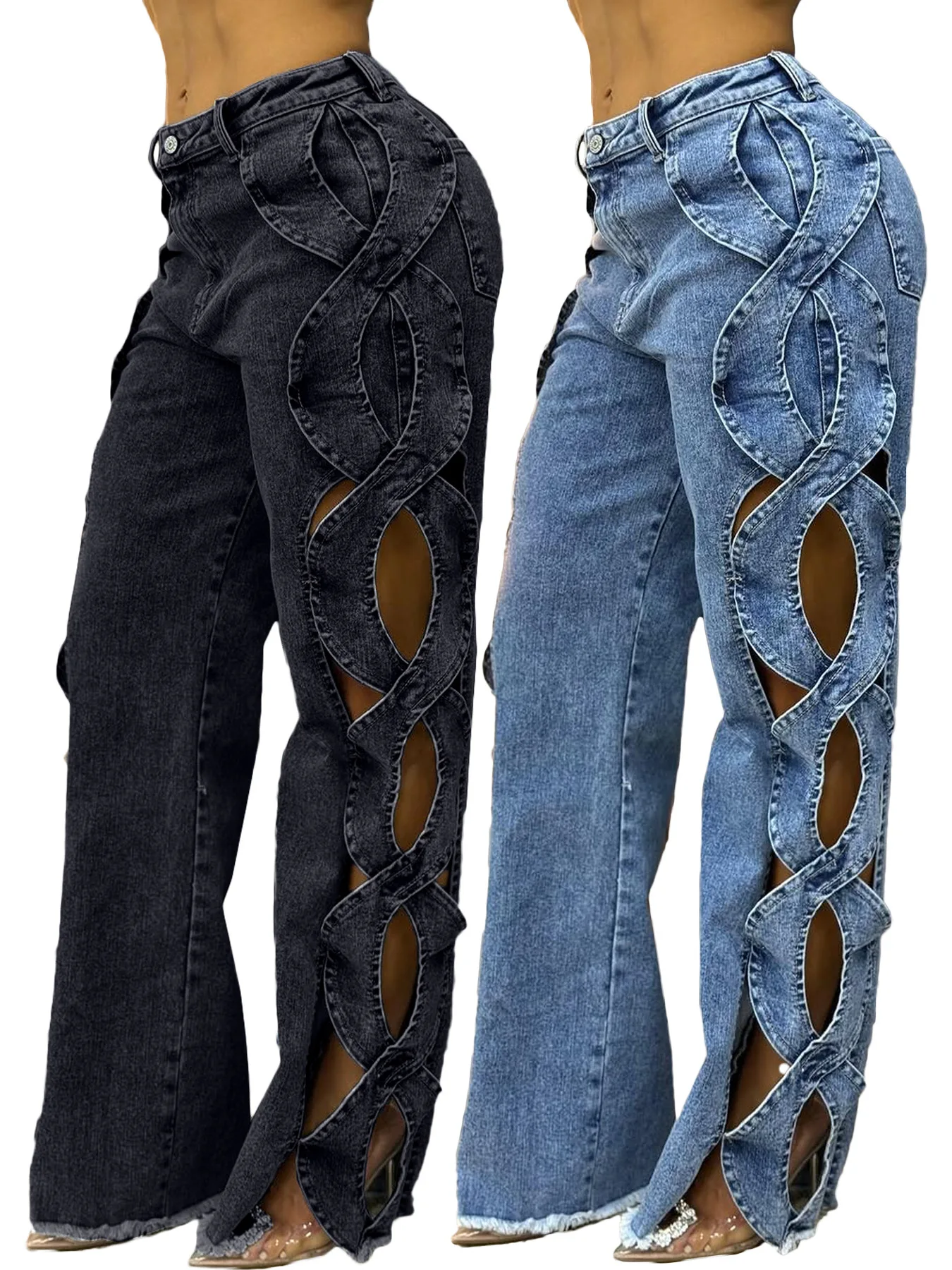 

D8727 Summer and Autumn Women's Fashion Side Hollow S-Line Denim Patchwork Long Pants, Amazon Independent Station In Stock