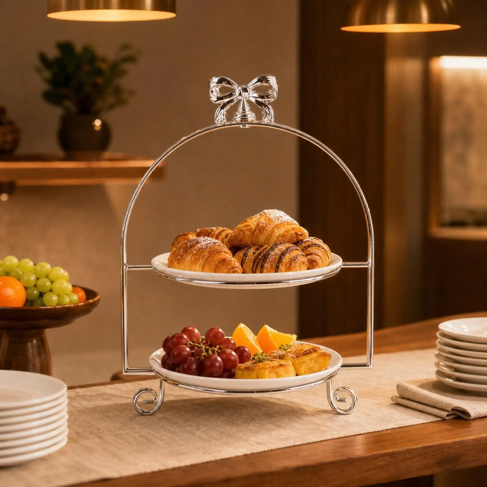 Two Level Metal Display Stand for Dessert Cupcake Pastry Serving with Elegant Handle for Party