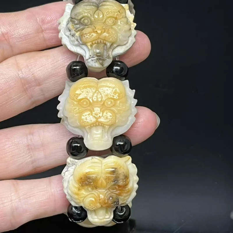 

Натуральный нефрит Хэтянь ручной работы изысканная резьба по знаку зодиака голова тигра эластичный браслет из веревки для мужчин и женщин пара модный праздничный подарок