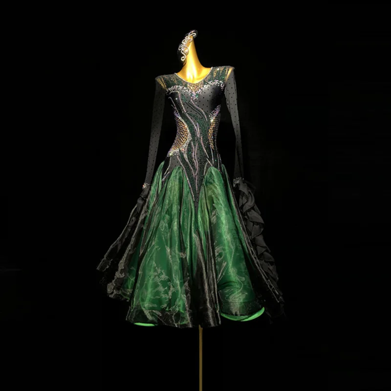 ラテンダンサー、大人、子供、ハイエンドのカスタマイズされた黒と緑のメッシュドレス、大きなスカート付き、サンバABストーンドレス