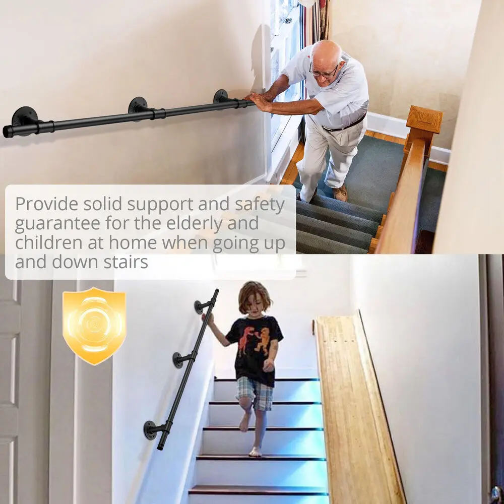 1m Wall-Mount Handrail Stair Railing Outdoor Indoor Steps Staircase Rails Black