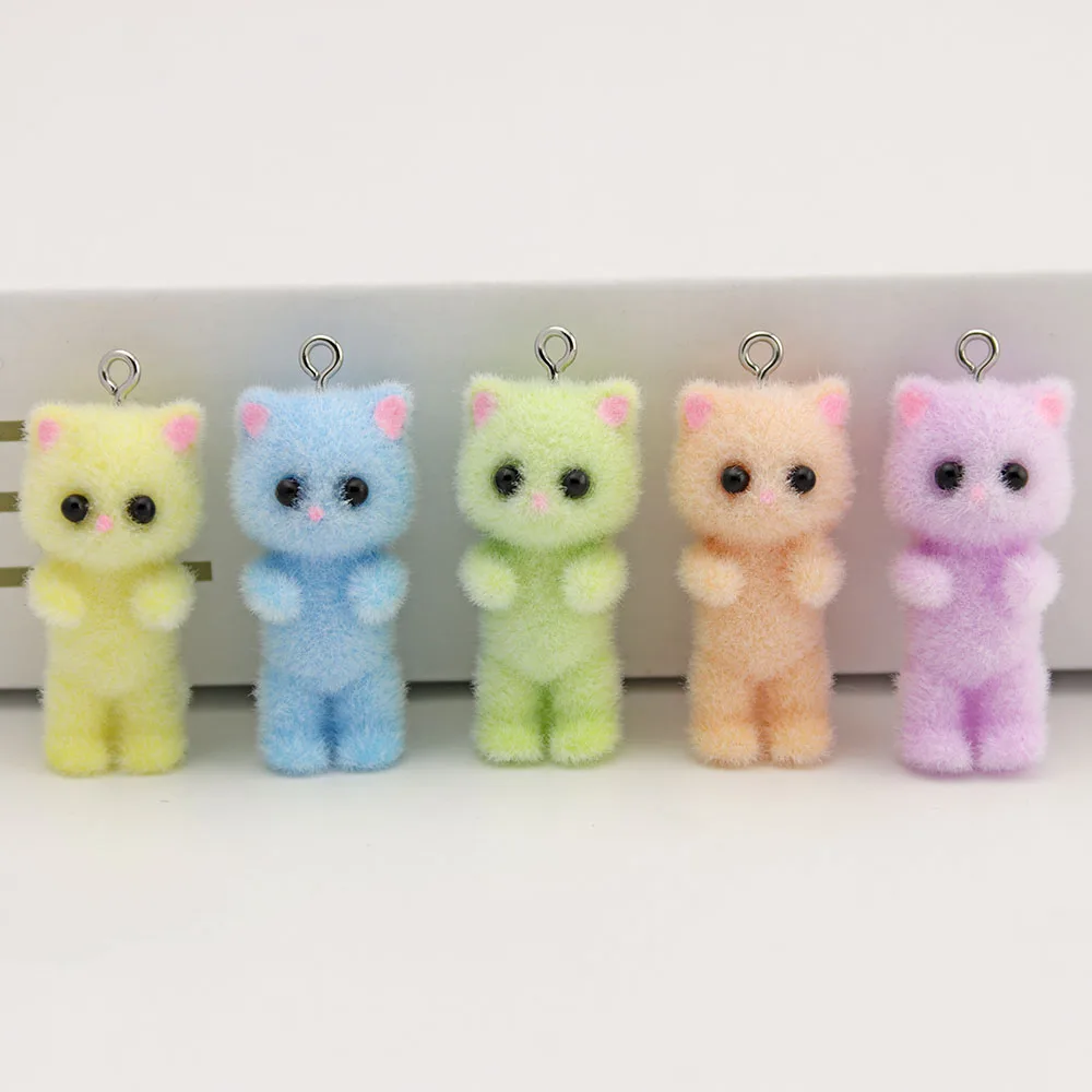 20Pcs 3D Cartoon Flocking Cute Colorful Cat Resin Charms Plush Animal Pendant For Earring Phone Bag Keychains Diy Jewelry Make