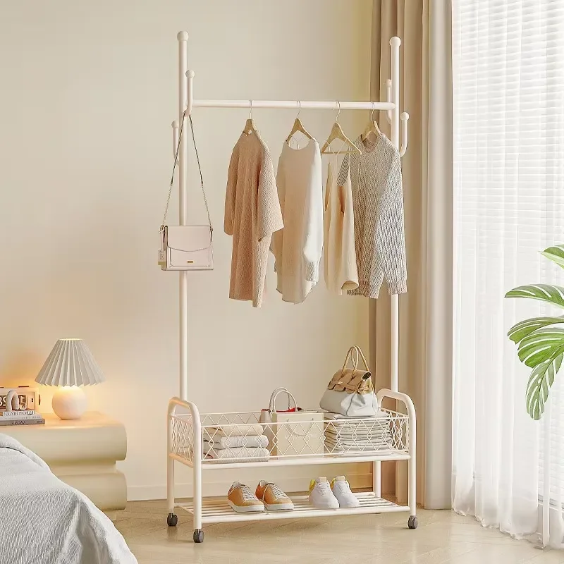 Cream Metal Rolling Clothes Rack Independent Floor Standing Garment Hanger Simple Household Storage Organizer For Living Room