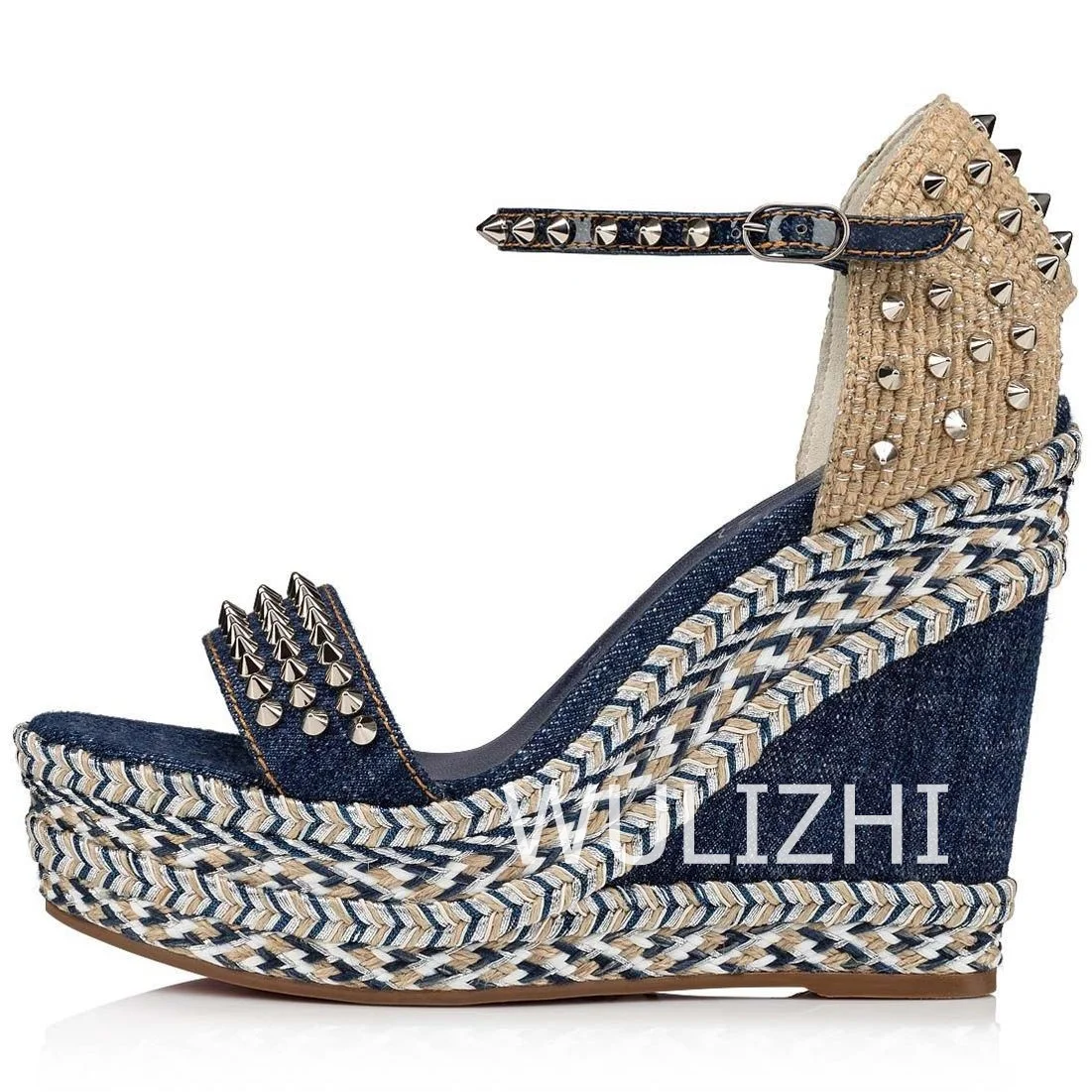 Women\'s Dark Black Blue Denim High Wedge Espadarille Metal Stud Heel Sandals Low Platform Mixed Colors Patchwork Appliques Shoes