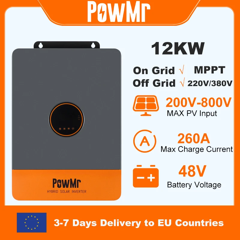 PowMr 12KW hybride zonne-omvormer 48V 220V 3-fase omvormer aan off-grid dubbele MPPT-uitgang met MPPT 260A oplader parallel tot 6
