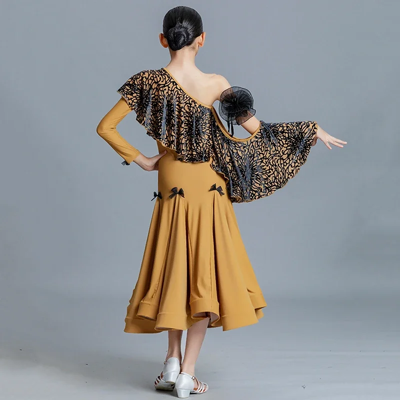 Kaffee-Druck, Ausschnitt, eine Schulter, für Mädchen, moderne Tanzbekleidung, Walzer, Gesellschaftstanz, Swing-Rock, Eiskunstlauf-Kleider, Ballsaal-Kostüme