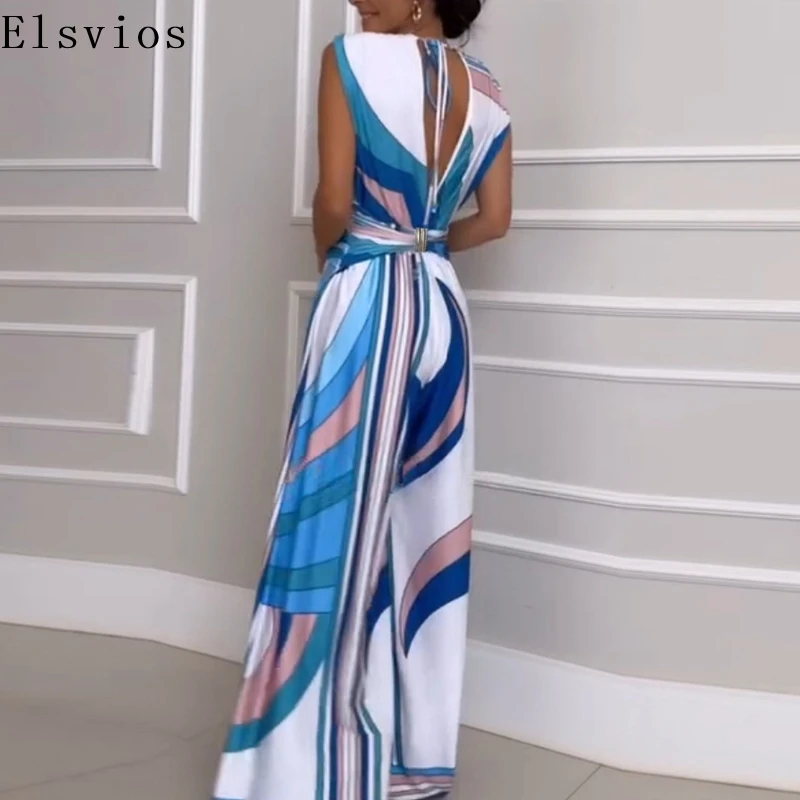 

Fashion Commuter Party Playsuit Elegant Deep V-neck Belt Tie-Up Waist Jumpsuit Casual Sleeveless Color-blocked Print Long Romper