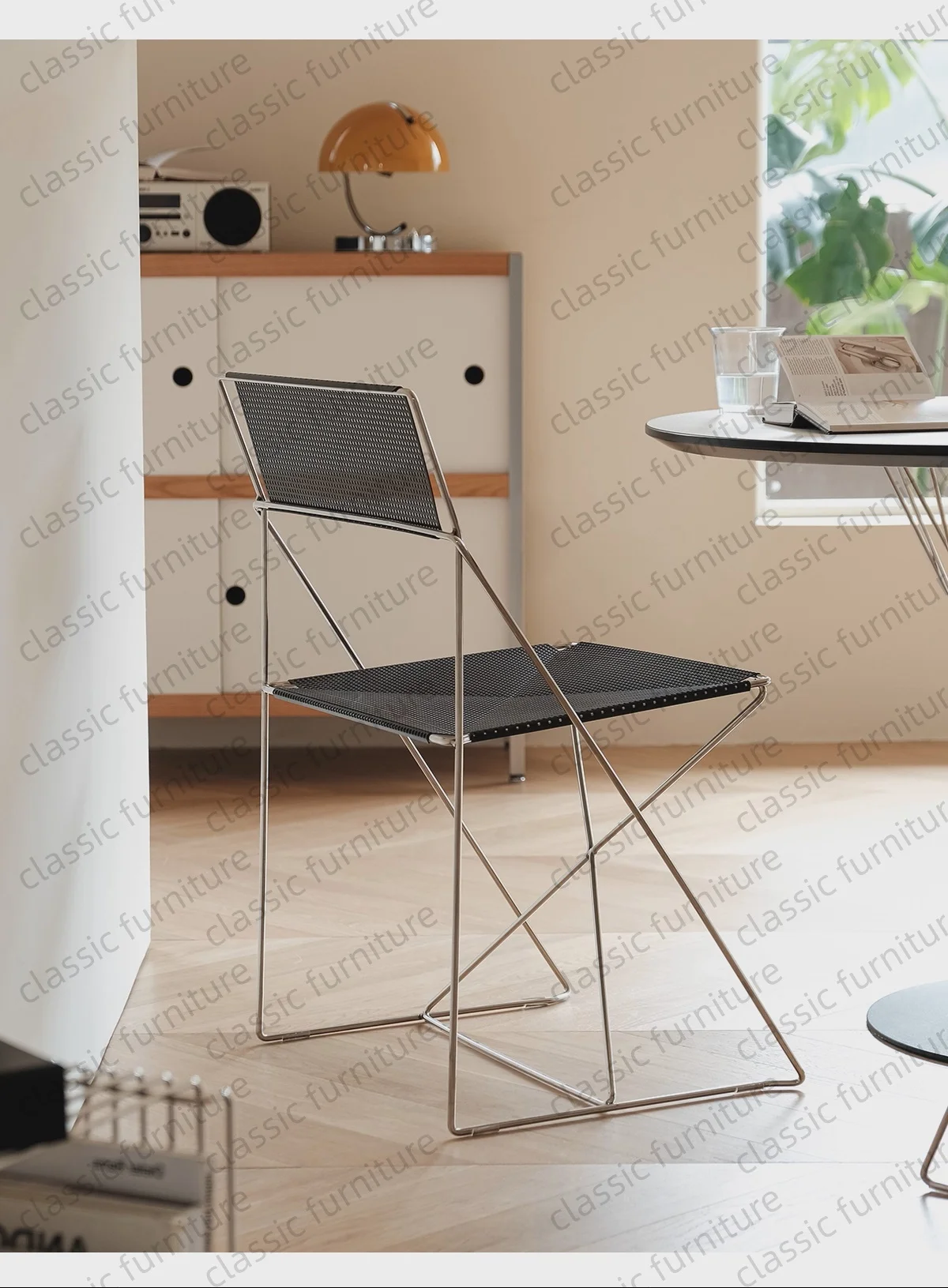 X Line كرسي طعام قابل للتكديس أسلاك الفولاذ المقاوم للصدأ مطلي بالكروم شبكة معدنية Panal بساطتها الدنمارك كرسي داخلي للمنزل #2