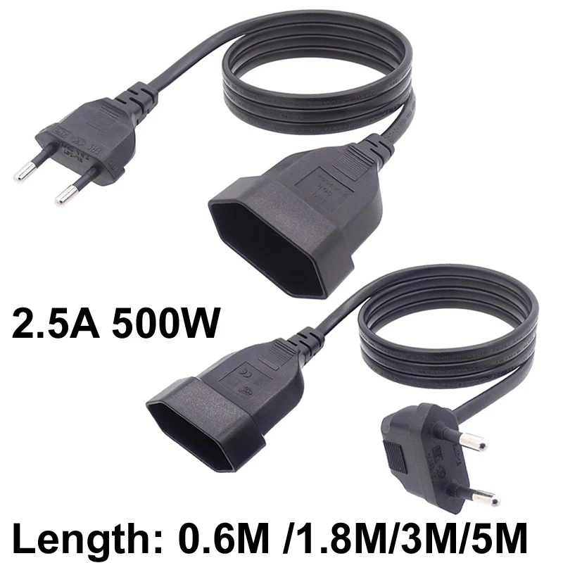 European EU Power Extension cable 2-Prong Male to Female 5M/3M/1.8M/0.5M EU Socket AC Power Cord For PC Computer PDU 2.5A 220V 5