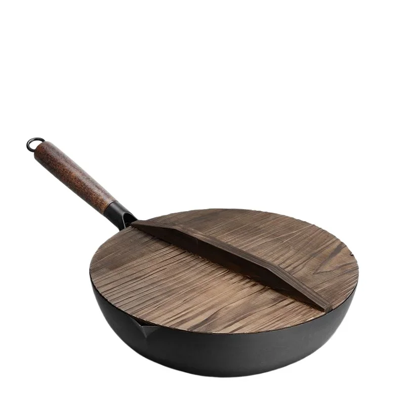 Carbon Steel Wok Pan 32cm Stir-Fry Pans with Wooden Lid Uncoated Flat Bottom Chinese Pan for Induction Electric Gas All Stoves