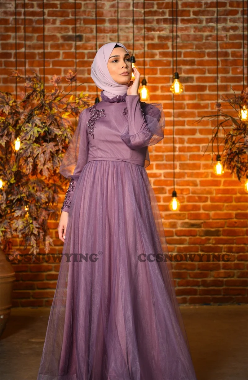 Muçulmano tule apliques manga longa uma linha vestidos de noite hijab islâmico formal festa vestido feminino árabe dubai robe de soiree