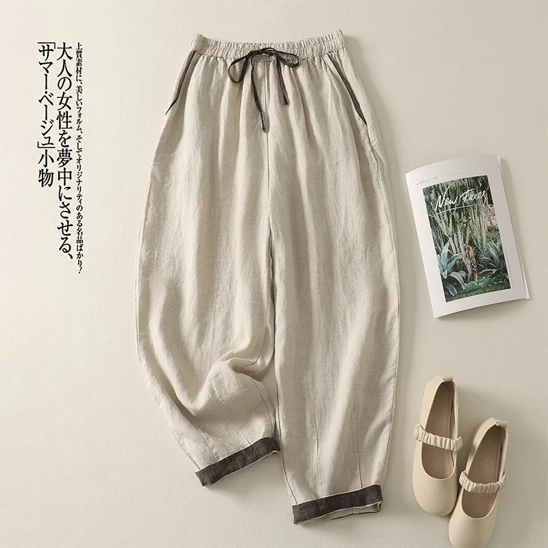 Women Summer Vintage Mori Girl Patchwork Cotton Linen Harem Pants Drawstring High Waist Casual Loose Straight Pants