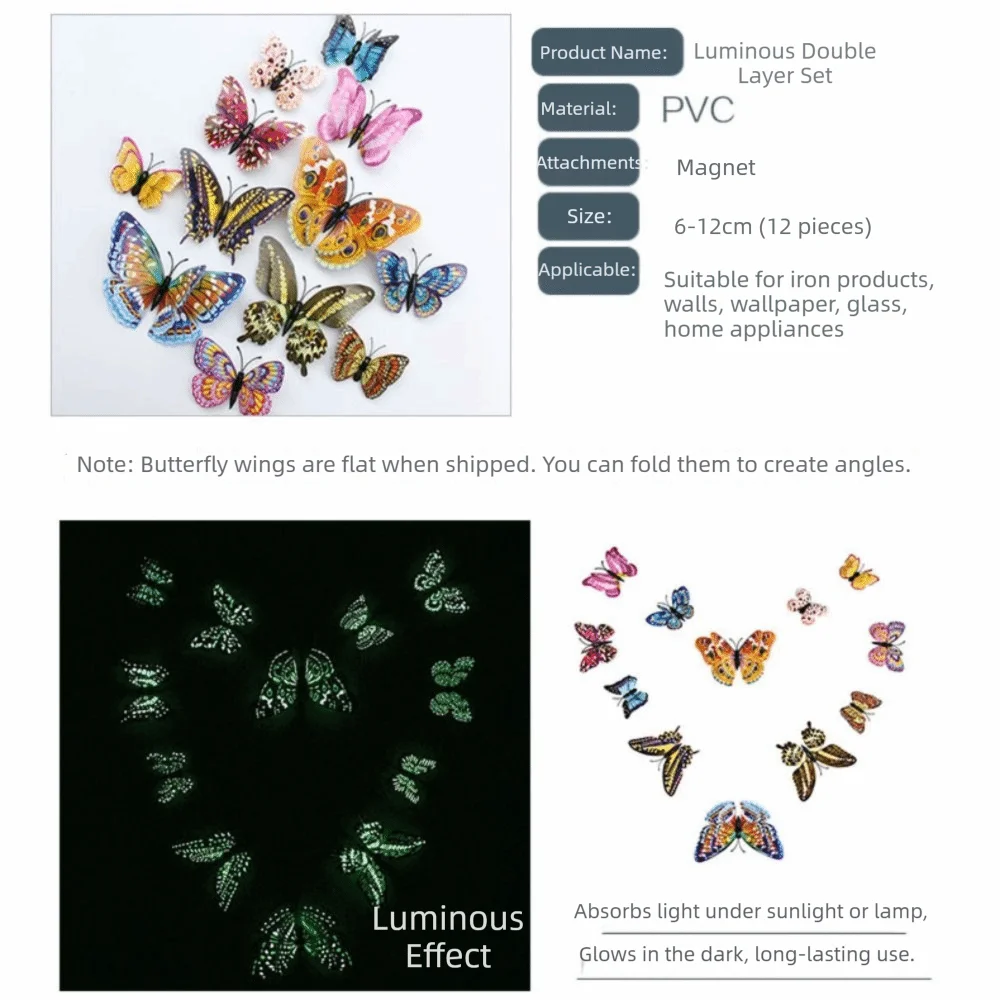 PVC Material Luminous Butterfly Decals Double-layer Glow-in-the-dark 3D Butterfly Stickers 3D Design Simulated