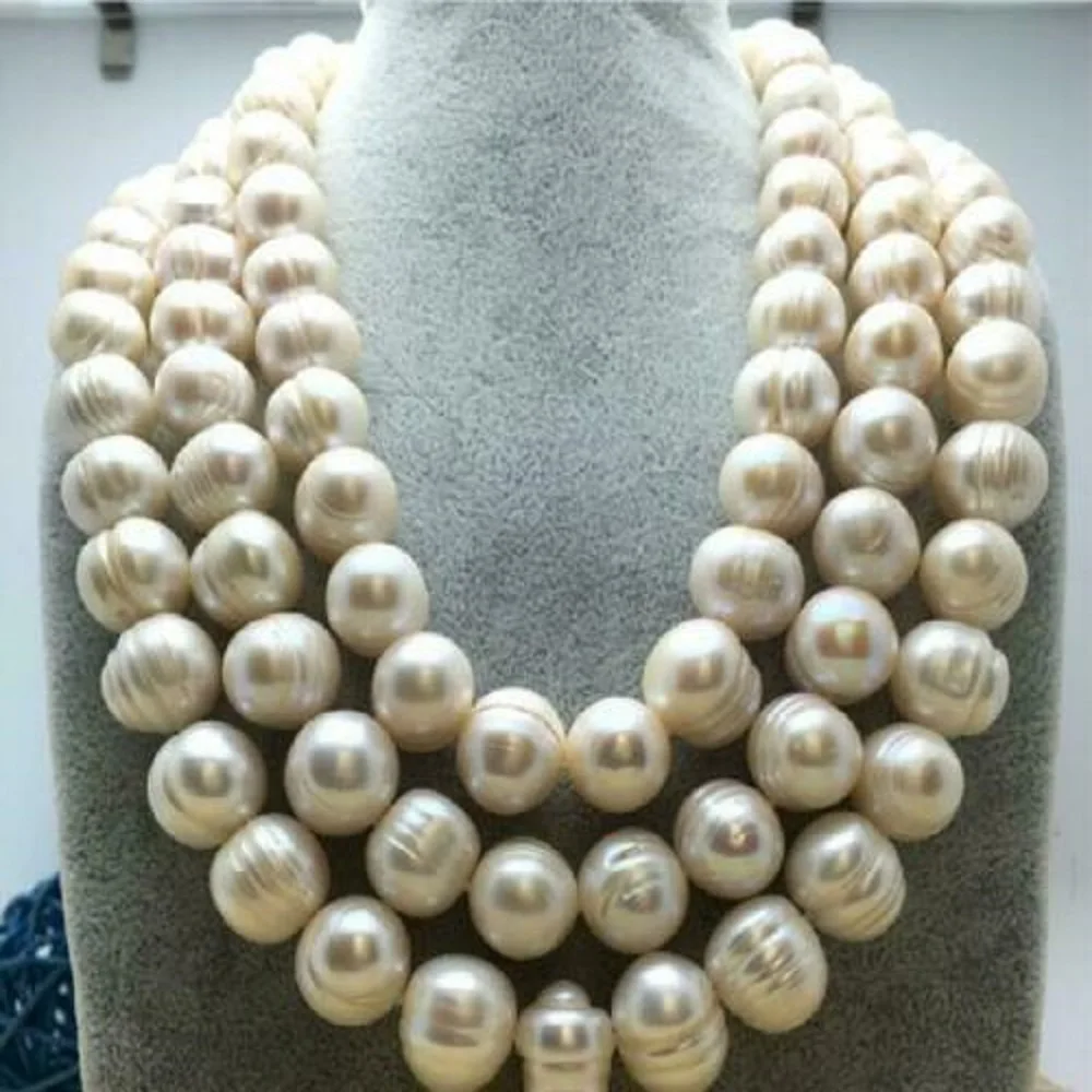 50 inch large 12-11mm natural South  Sea genuine white pearl necklace with 14K gold buckle