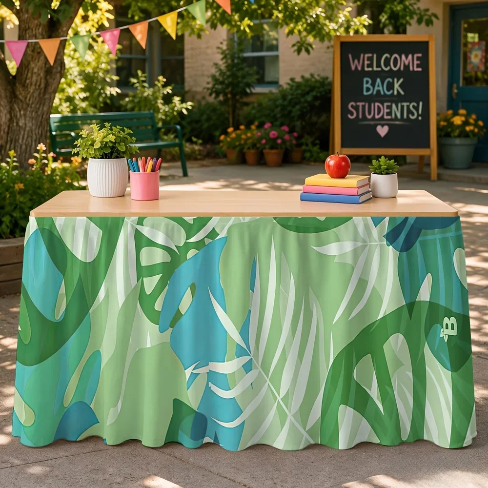 One piece of table skirt with a Halloween theme, featuring green tropical leaf print, as a tablecloth.xzj