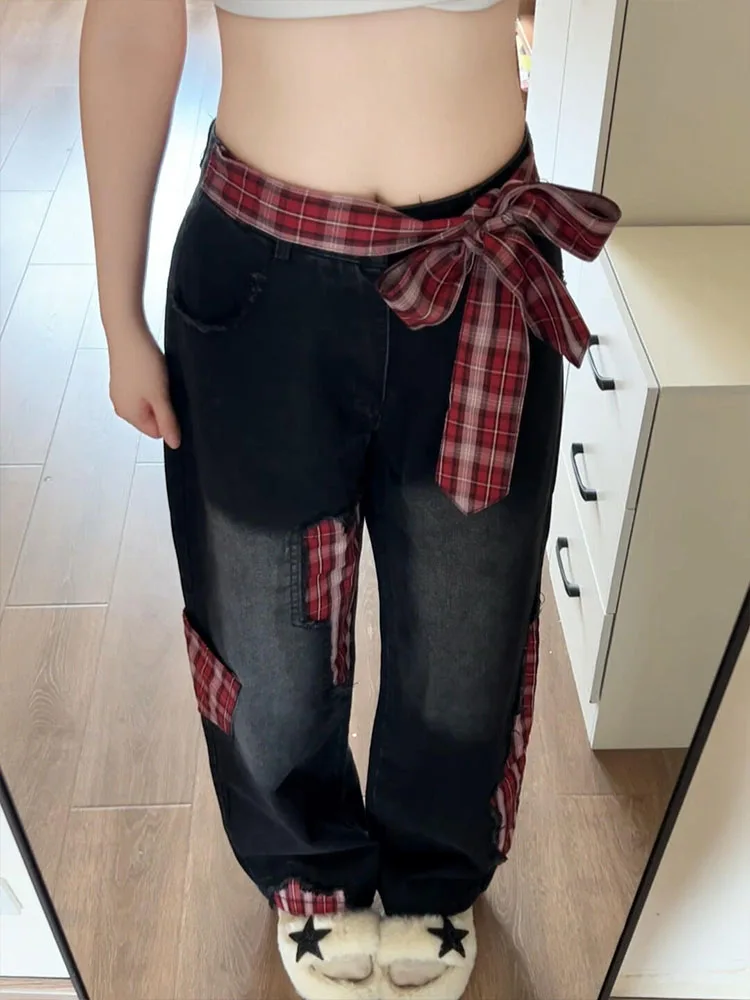 

Black Bow Tie Denim Pants Women's Autumn Winter 2024 New High Waist Loose Retro Cool Straight Leg Wide Leg Pants