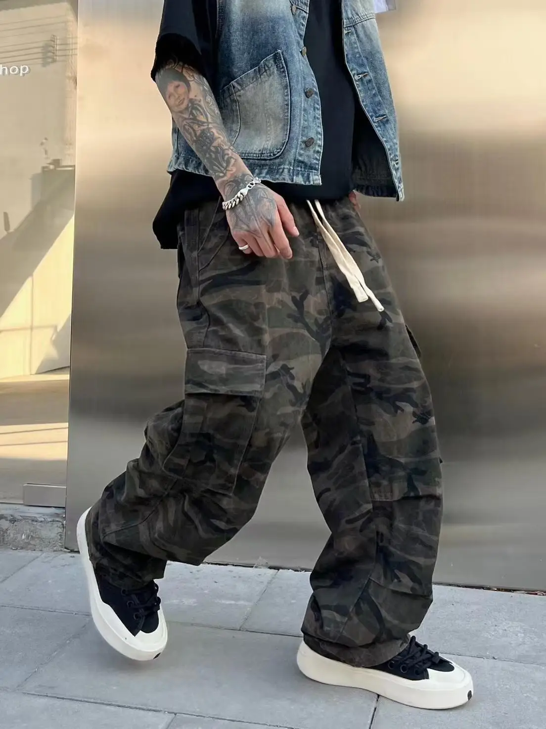 

Весенние американские камуфляжные рабочие брюки в стиле ретро, мужские свободные прямые повседневные длинные брюки High Street Sle, широкие брюки