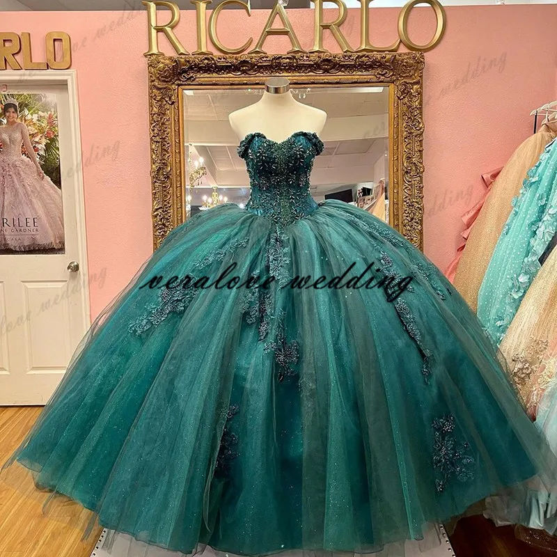 Vestido De baile De princesa verde, vestido De quinceañera sin hombros, 3D Apliques De encaje, flores Vx De quinceañera, 15 vestidos De fiesta De graduación