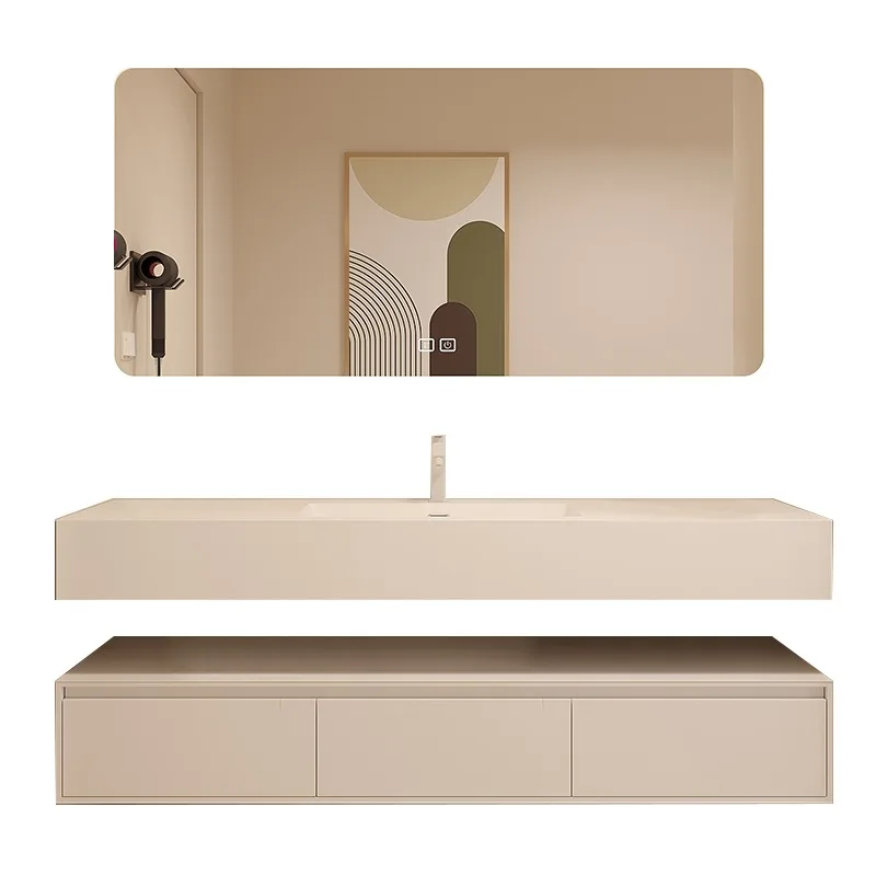 Customized Light Luxury and Simple Rock Plate Bathroom Cabinet Combination Seamless Integrated Basin Double layer
