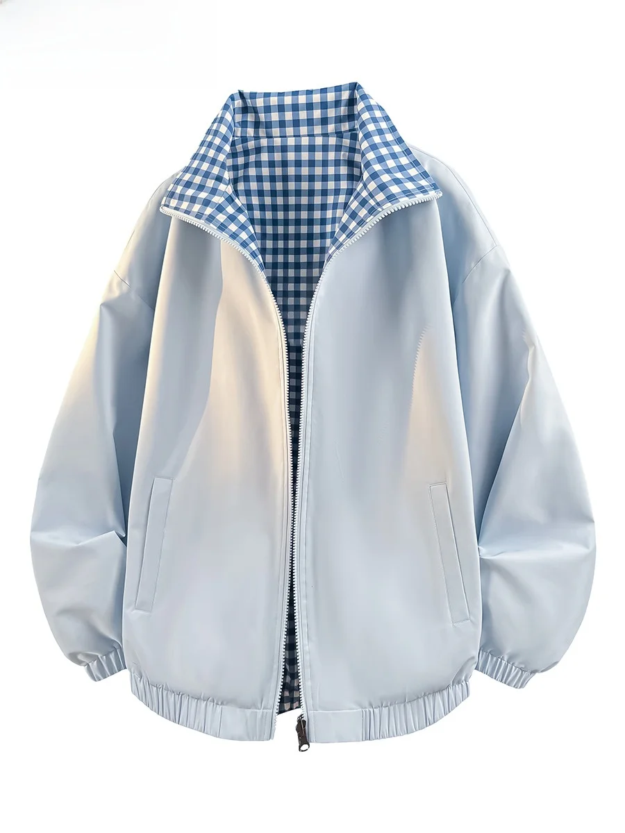 Cappotto Jaet con colletto alla coreana scozzese su entrambi i lati per uomo e donna Primavera Autunno Coppie Sle Loose Fit Poliestere impermeabile