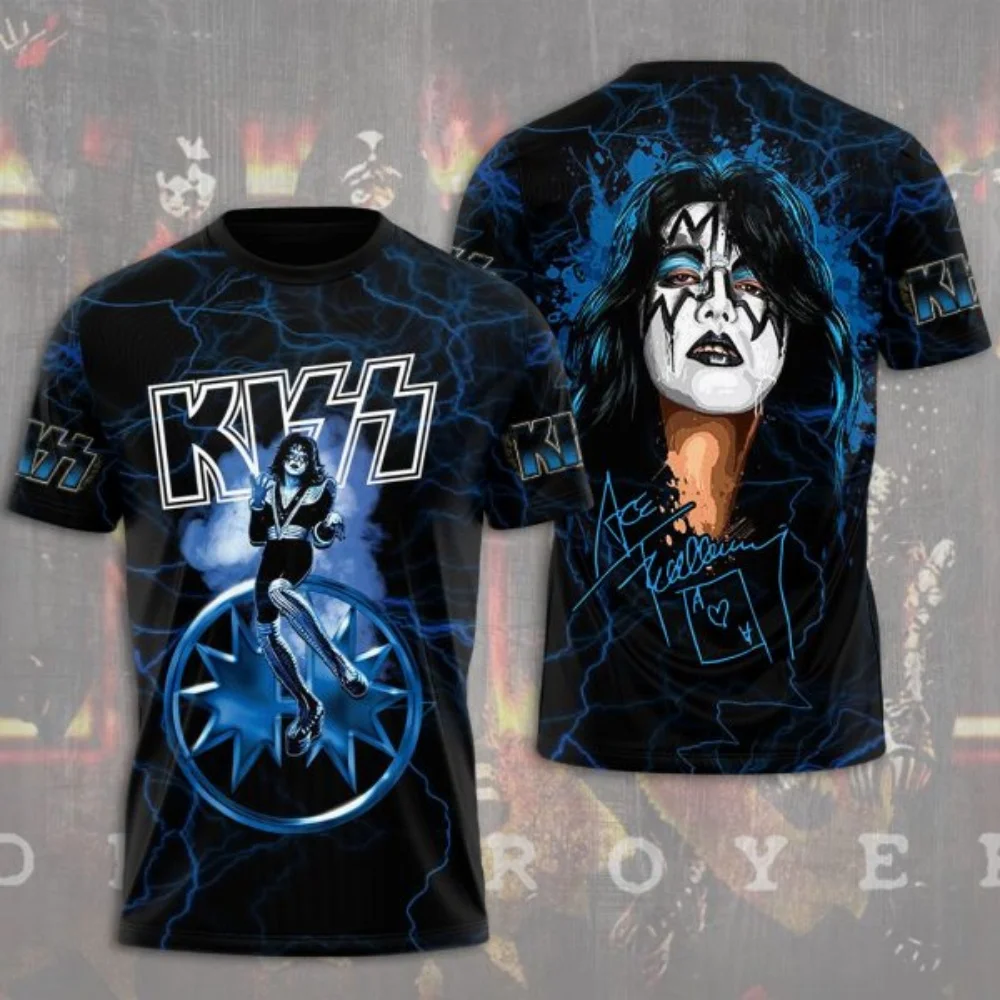 Camiseta 3D da Banda KISS Ace Frehley - Merchandise de Banda de Rock com Estampa Completa, Ideal para Fãs do KISS Army e Entusiastas do Rock Clássico