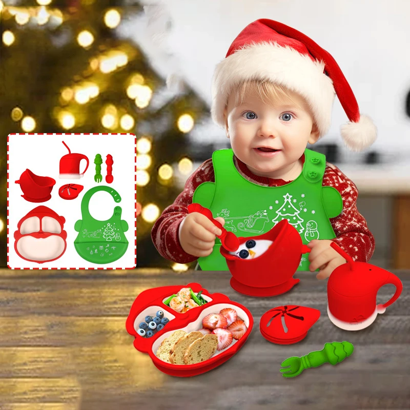 

Christmas Gift Silicone Date of Children's Date Christmas Tableware Set Drinking Water Cup Silicon Plastic Xmas Tree Bib