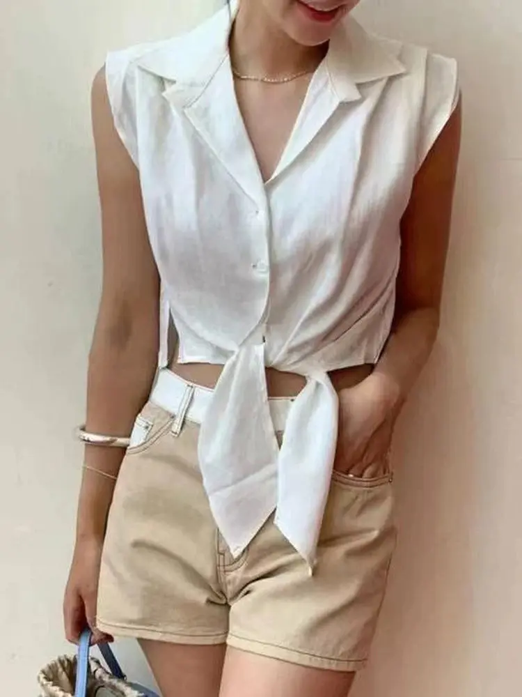 East Gate No-Sve Belted Casual irt Women Summer ort Crop Top Loose Knot Collar Blouse Thin Non-Stretch Cotton Blend