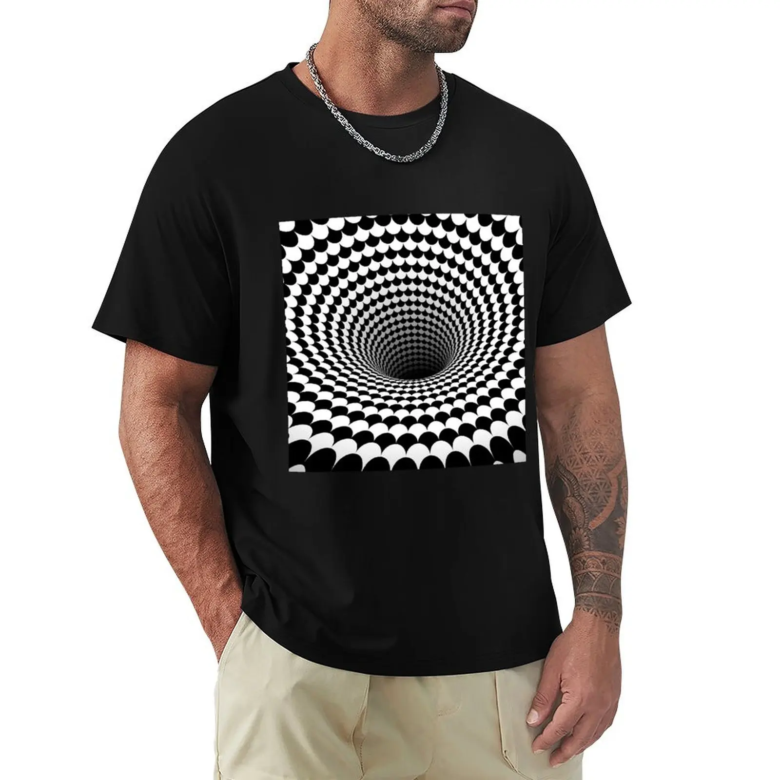 

Optical Illusion Black and White Scales Houndstooth Black Hole Vortex T-Shirt Classic Crew Neck Cotton T-Shirt