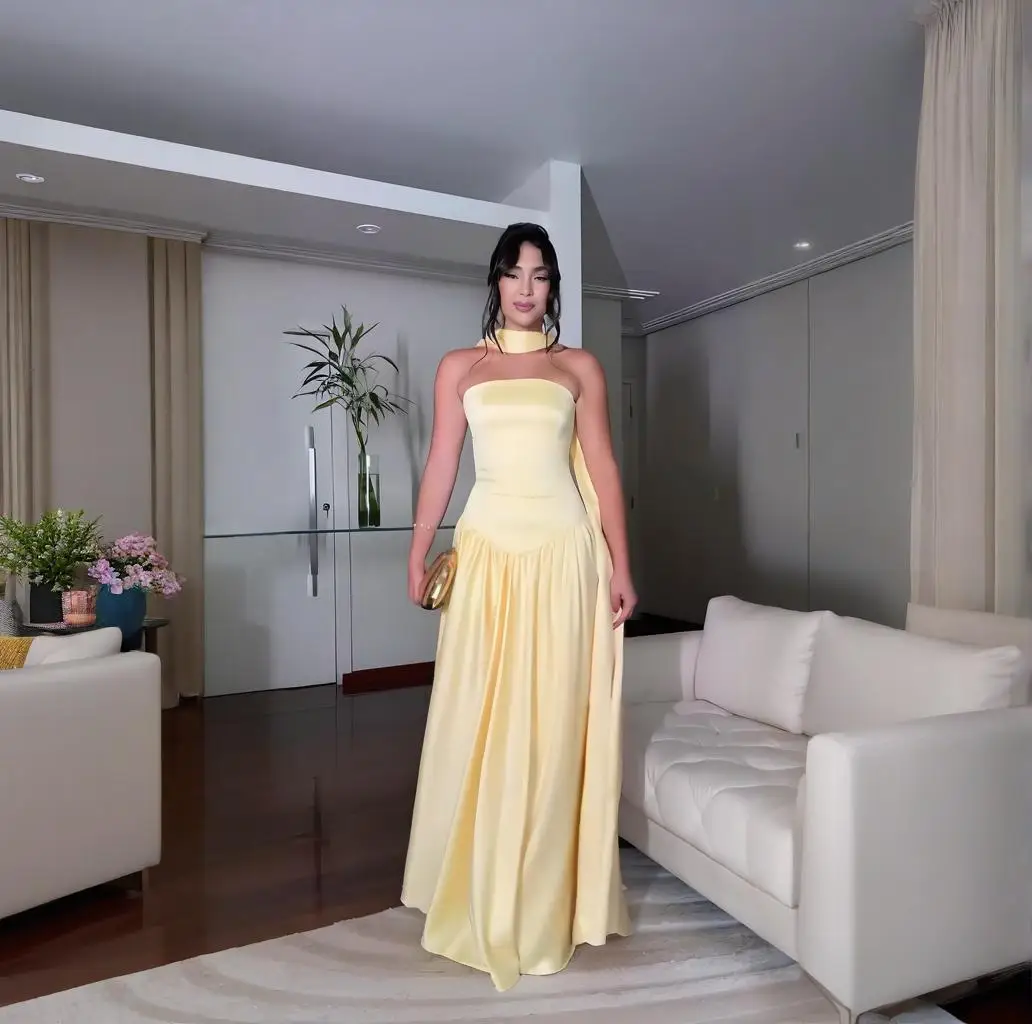 

Trendy Yellow Strapless Prom Dresses with scarf vestidos de gala Floor Length Saudi Arabic formal dresses evening gown