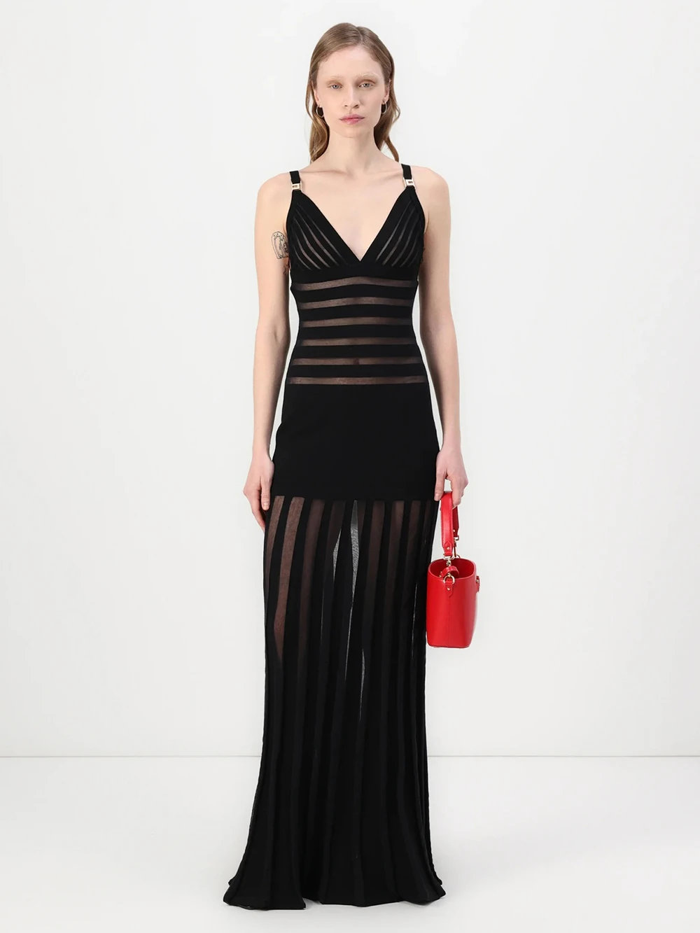 فستان Modphy أسود عميق على شكل حرف V بدون ظهر مجوف بقصة ضيقة شفاف من خلال فستان ماكسي للسهرة مع ملابس داخلية نسائية عصرية لحفلات العشاء #4