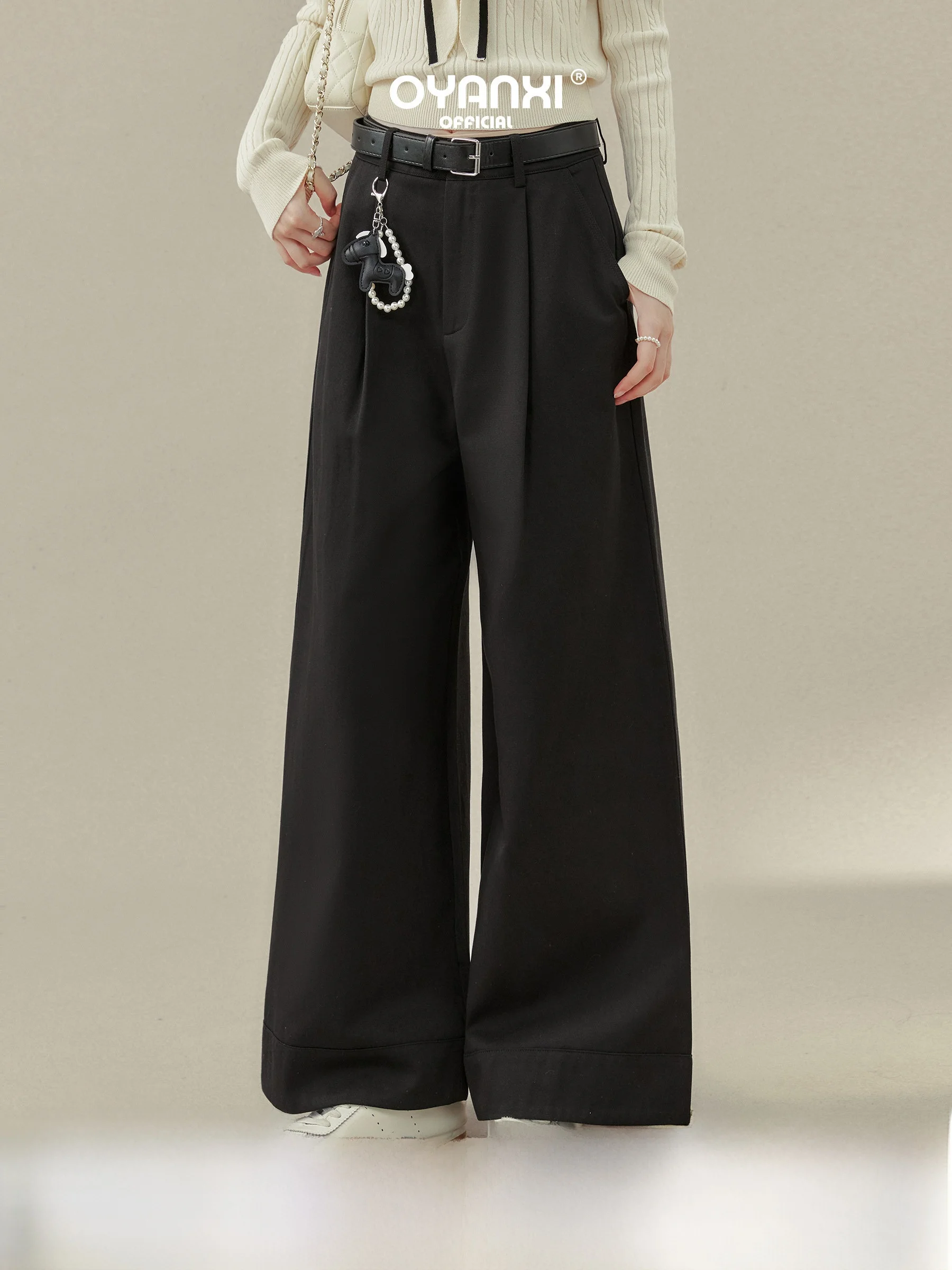 

Long-Termism Wide Leg Casual Pants Black Drapey Loose Fit High Waist Zipper Closure Women's Premium Fashion Trousers