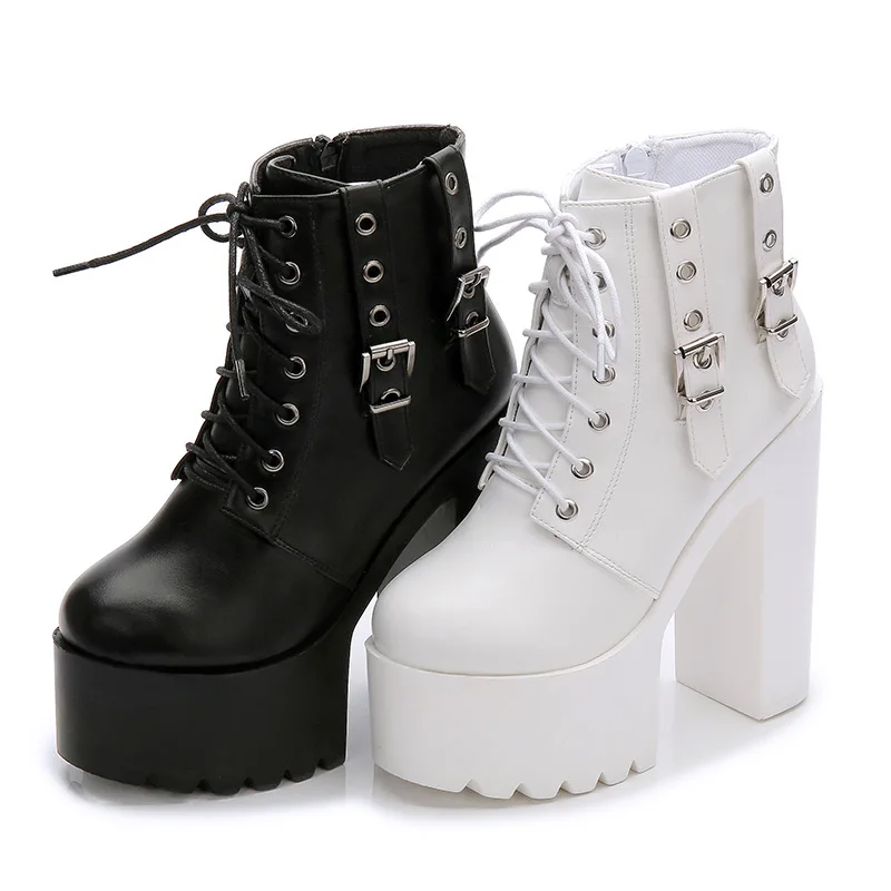 New Women Black White Ankle Boots 14cm Super High Heels Square Heels Boots Zip Rivet Insole Sexy Women Boots