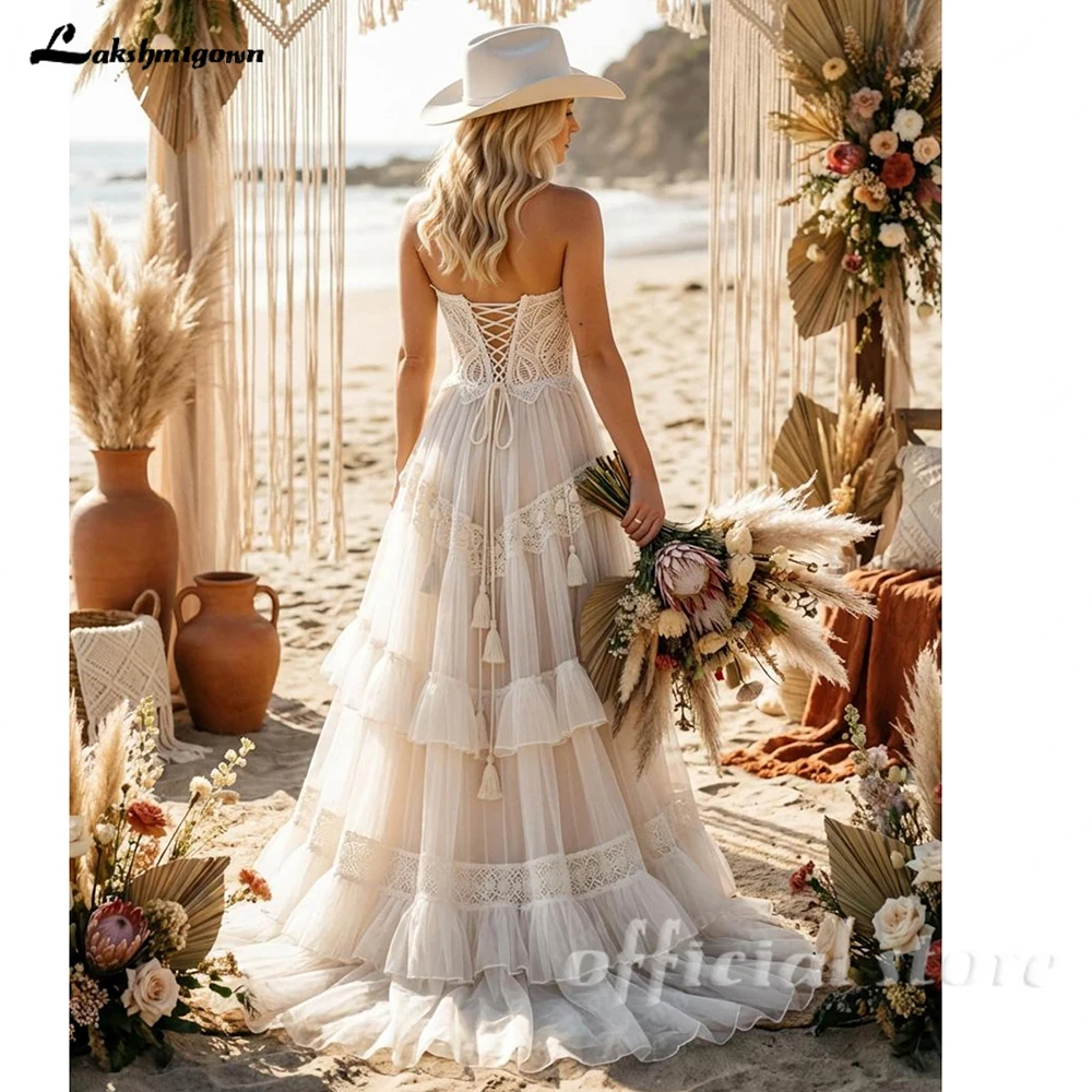 Lakshmigown Bohemisches Spitzen-Strandhochzeitskleid, trägerloses, sexy Boho-Brautkleid mit Quasten und Illusionseffekt, Vestido De Novia, maßgeschneidert – Detail 6