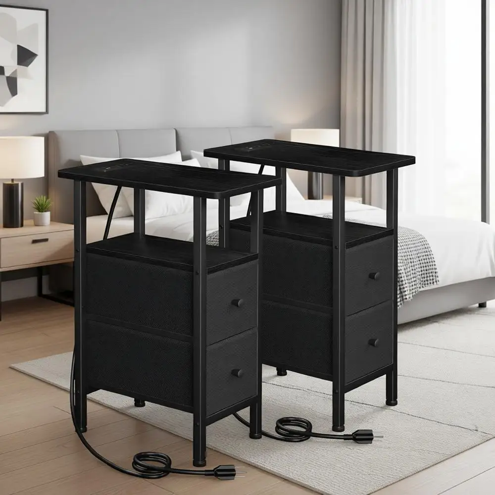 

Compact Charging Nightstand, Living Room End Tables Set of 2, Sleek Fabric Side Table, Slim Sofa Table for Bedrooms and Small Sp