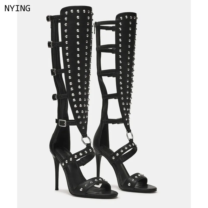 

2026 New Style Women's Black Leather Gladiator Sandals Rivets Decor Open Toe Stiletto High Heel Fashion Sexy Party Evening Sanda