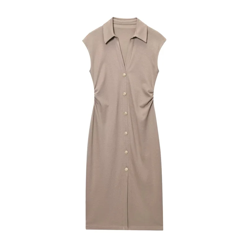 2025 new summer women's fashion slim-fit versatile shirt-style short-sleeved v-neck dress with gold button decoration