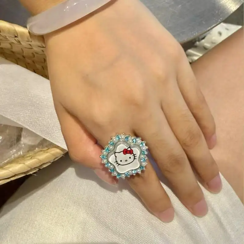Pierścionek Cartoon Sanrio Hello Kitty z Błyszczącymi Diamentami, Uroczy Pierścionek w Stylu Retro Millennium Subculture dla Pikantnych Dziewczyn, Prezent Urodzinowy dla Dziewczyn