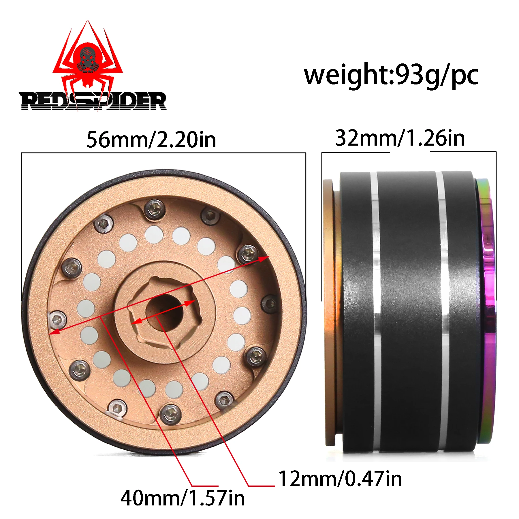 RED SPIDER 95g Super Heavy & Aluminum Deep Dish 1.9\' Beadlock Wheel Rim for 1/10 RC Crawler SCX10 TRX4 VS4-10 Gen8 (Rs)