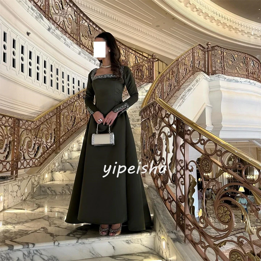 Jersey Sequined Ruched Formal Evening A-line Square Neck Bespoke Occasion Gown Long Dresses