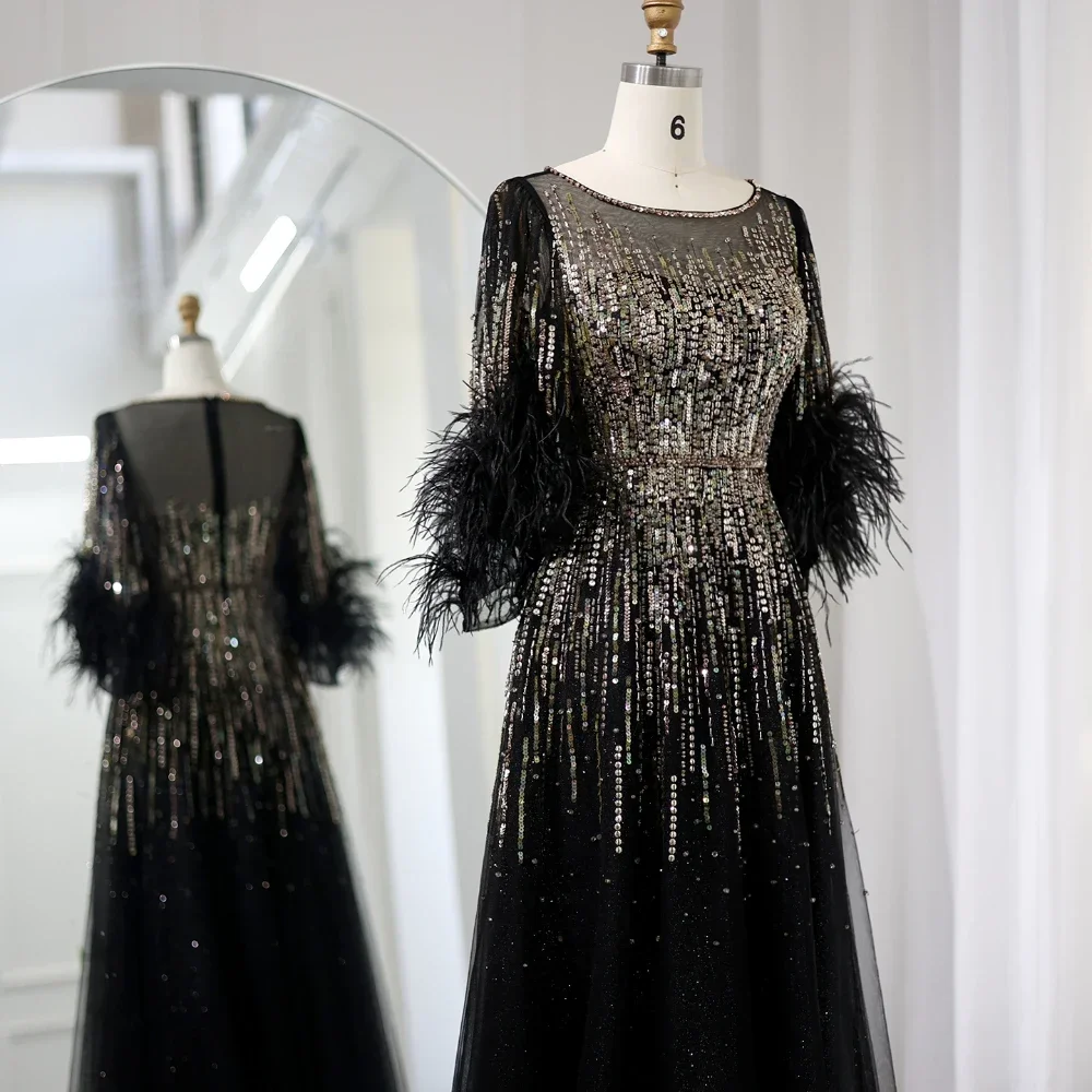 Luxury Feathers Evening Dresses O-Neck Half Sleeves Beads Sequined A-Line Gowns Fashion Floor Length Prom Party Dresses 2024