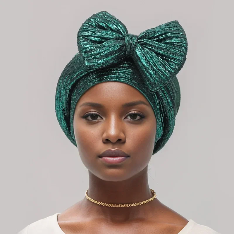 

Сияющий тюрбан с бантом для женщин, модный африканский головной убор, Нигерия, готовая авто геле, свадебная шляпа, мусульманский хиджаб, повязка на голову, капот