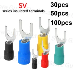 30-100 PCS SV terminal U-shaped 1.25/2/3.5/5.5 series insulated fork type cable terminal connectors, electrical crimping flat