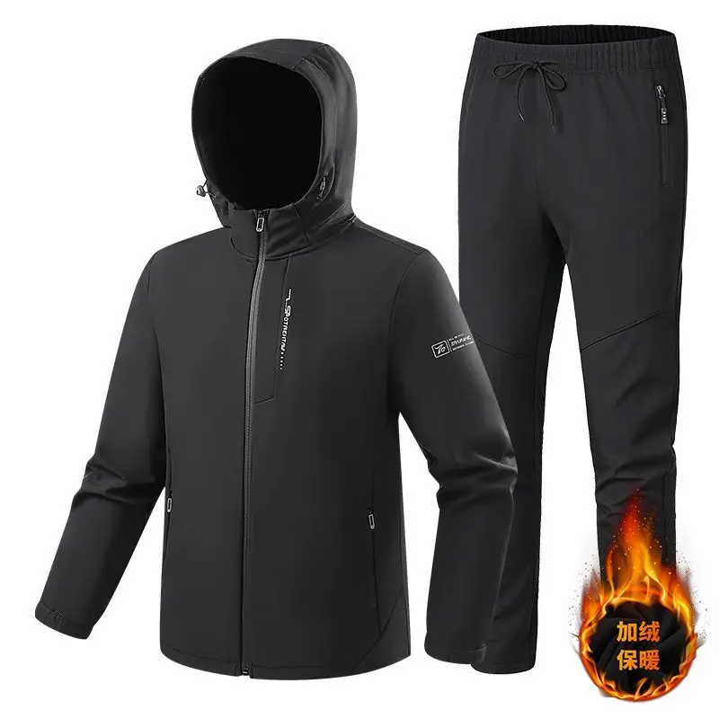 Winter Men Fleece Outdoor Sportswear Set Hooded Warm Jacket + Long Pants Waterproof Cold-proof Wear-resistant Windbreaker Pants