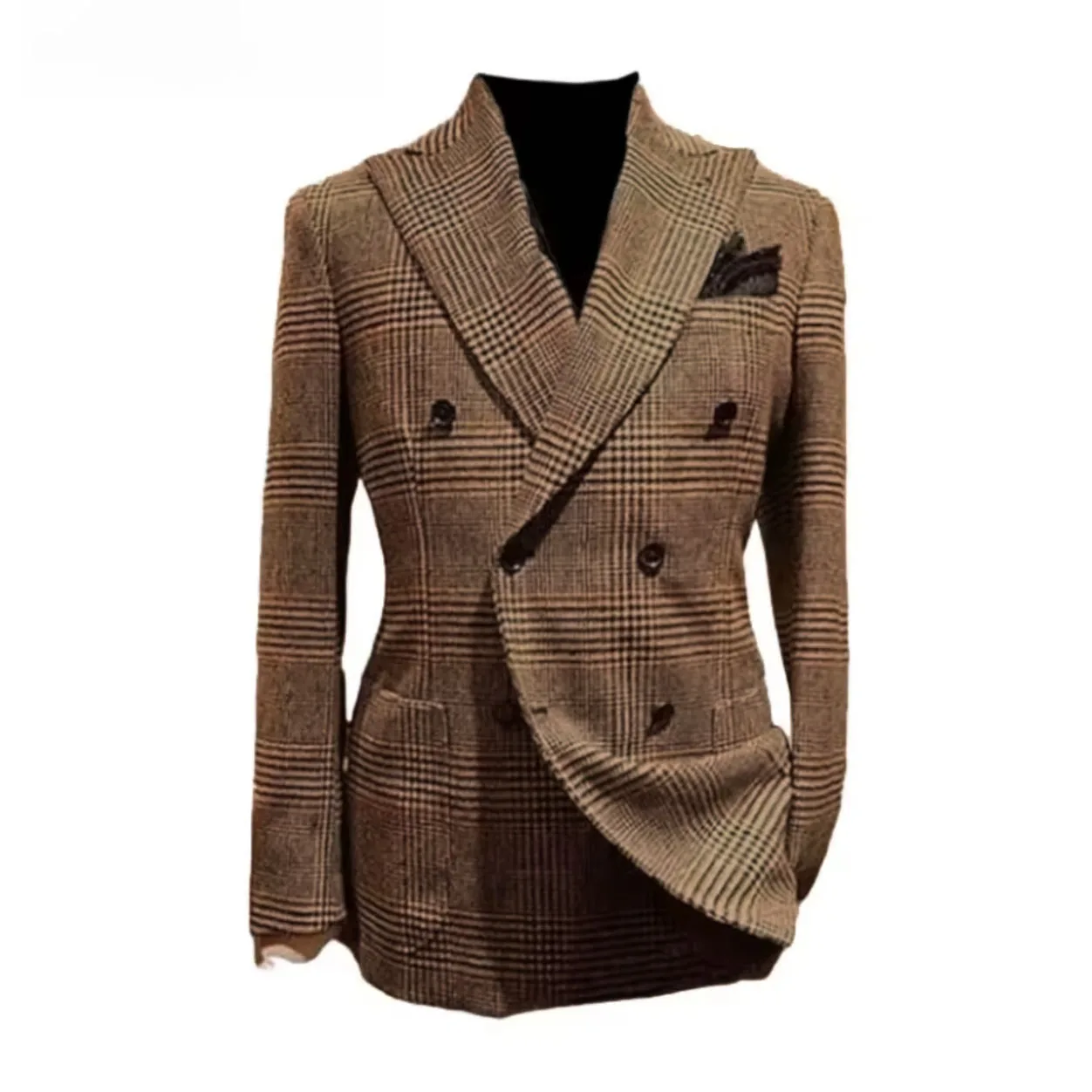 남성용 브라운 하운드투스 울 블레이저 수트 재킷, 피크 라펠 캐주얼 웨딩 비즈니스 파티 코트 (가을/겨울)
